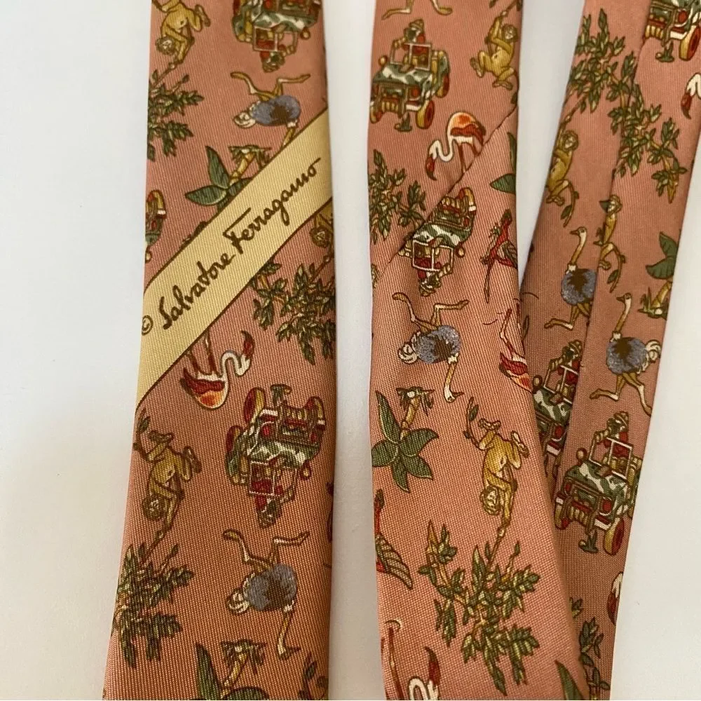 FERRAGAMO Vintage Silk Novelty Jungle Safari Monkey Ostrich Print Neck Tie Tan - Picture 5 of 8